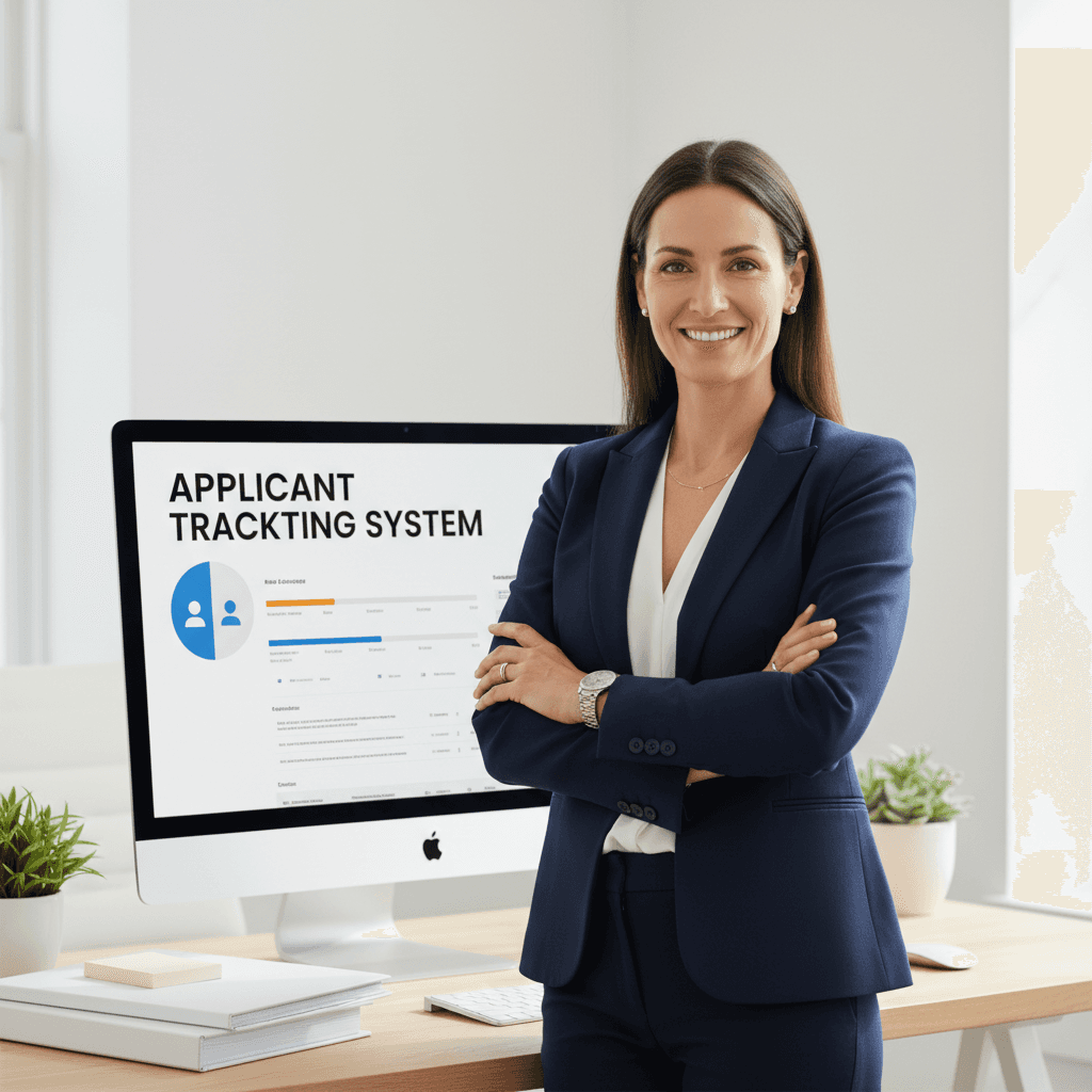Healthcare recruiting consultant in a modern office with applicant tracking system on screen