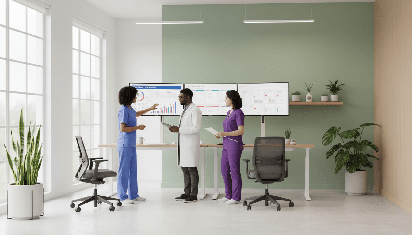 Healthcare professionals working together in a modern office environment